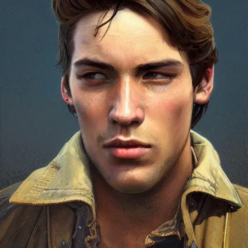 Prompt: Half portrait of a young man with long brown hair as a homeless character in Fallout 4 walking in Boston City, gorgeous, beautiful, intricate, highly detailed, digital painting, artstation, oppressive lighting, concept art, sharp focus, illustration, art by greg rutkowski and alphonse mucha