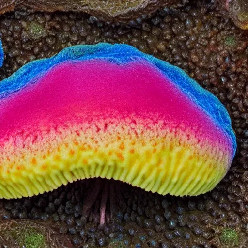 Image similar to the spore-bearing fruiting body of a fungus, typically in the form of a rounded multicolor cap on a relief stalk, especially one that is believed to be inedible or poisonous, fantasy art
