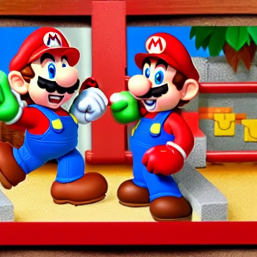 Prompt: photo of mario and donkey kong arm wrestling, nintendo, high detail,