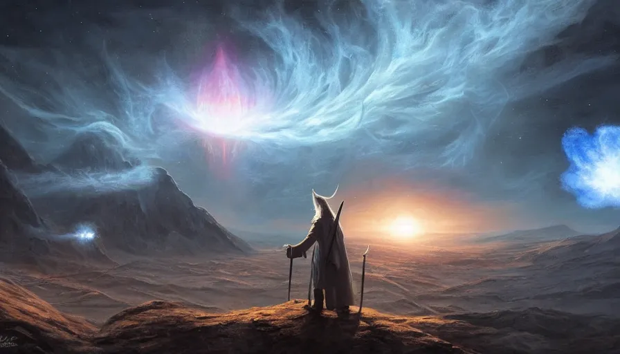 Image similar to a beautiful painting of gandalf watching a supernova in the sky of an alien world, ray traced lighting by jean kalin popov and greg rutkowski