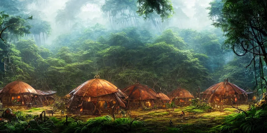 Prompt: a clearing in the jungle reveals a chrome village full of merchant tents and mushroom huts, matte oil painting, science fantasy, retrofuturistic, biblical, rpg, queer, pride, epic, extremely detailed, sharp focus, 4 k