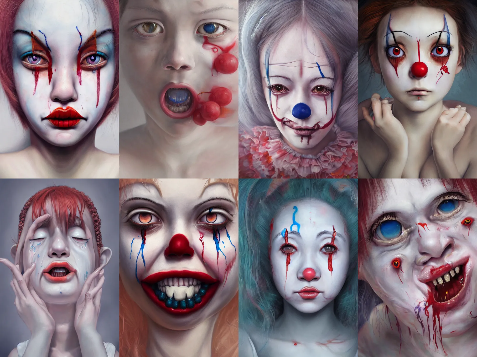 Image similar to detailed painting of clown girl crying, piercing eyes, james jean, miho hirano, hyperrealistic, octane render, ambient light, dynamic lighting