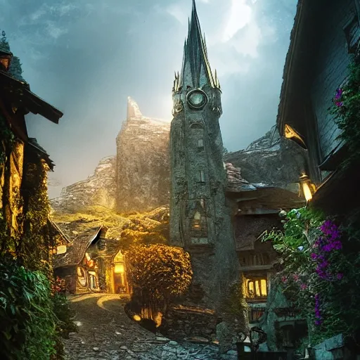 Prompt: the dark tower - the hobbit - j. r. r. tolkien - a medieval village in switzerland, ornate, beautiful, atmosphere, vibe, flowers, concept art illustration, greg rutowski, volumetric lighting, sunbeams, particles