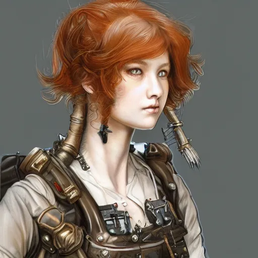 Image similar to portrait of a girl by ayami kojima, scottish, she is about 2 0 years old, wavy redhead, annoying little sister vibes, she is wearing a steampunk tactical gear, highly detailed portrait, digital painting, artstation, concept art, smooth, sharp foccus ilustration, artstation hq