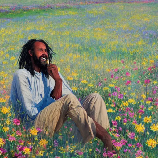 Image similar to a somali man with long hair in a vast field of flowers, relaxing, wide shot, golden hour, vintage, impressionist painting, fine art, oil painting, dreamy, pastel, laughing, happy, intricate details, sharp, peaceful, serene