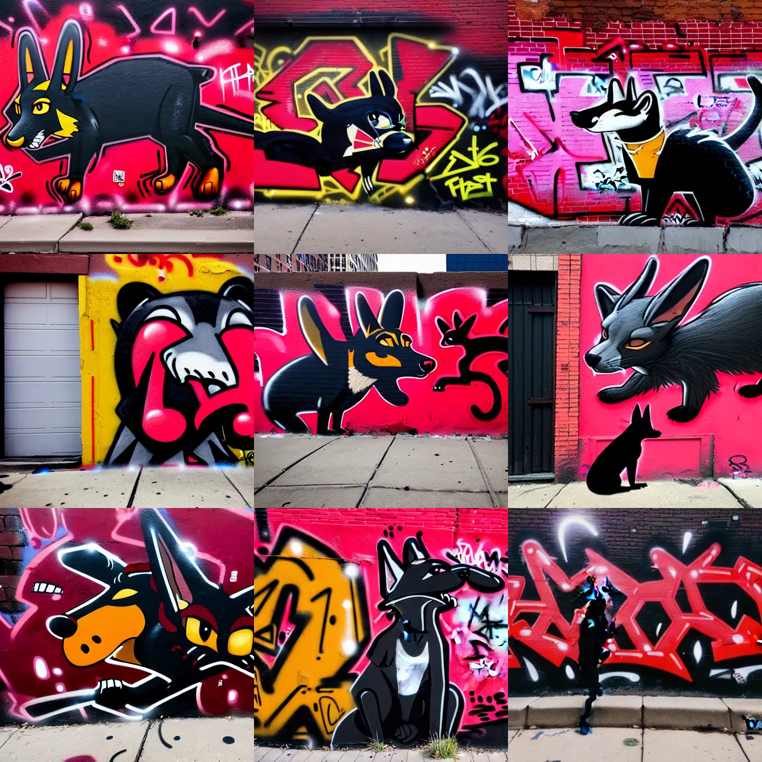 Prompt: photo [ far ], subject [ furry _ fandom _ fursona _ original _ character ( red - and - black _ fur, stoat - weasel - ferret - anubis ) ], medium [ graffiti, wall ], location [ chicago ( alley ) ]