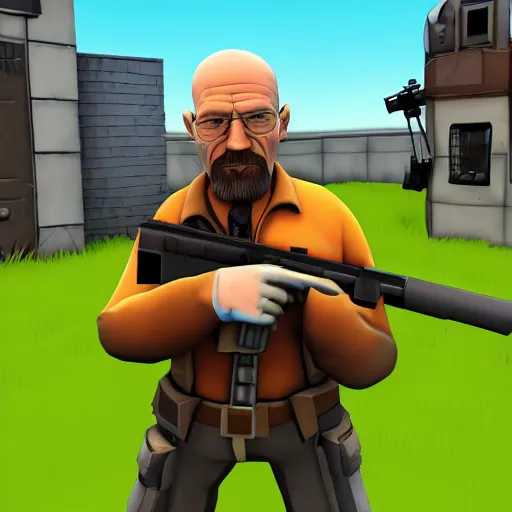 Image similar to walter white as team fortress 2 sniper, cartoonish, valve, 2 fort, sunny, red, sniper rifle, jarate, highly detailed