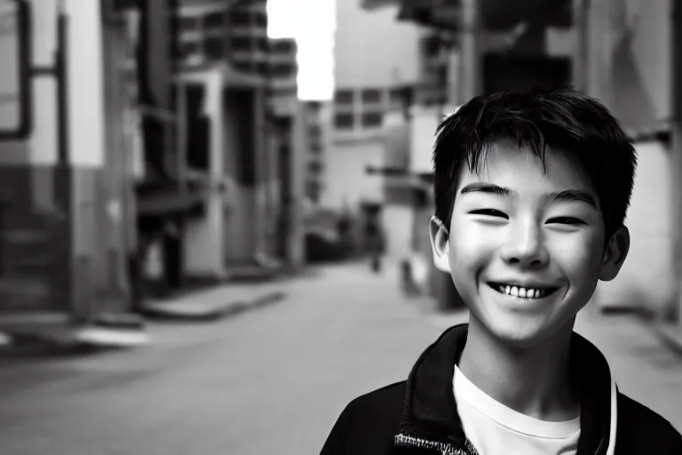 Image similar to still photo of a korean boy smiling at the camera on the street, black and white color aesthetic, highly detailed, photorealistic portrait, bright studio setting, studio lighting, crisp quality and light reflections, unreal engine 5 quality render