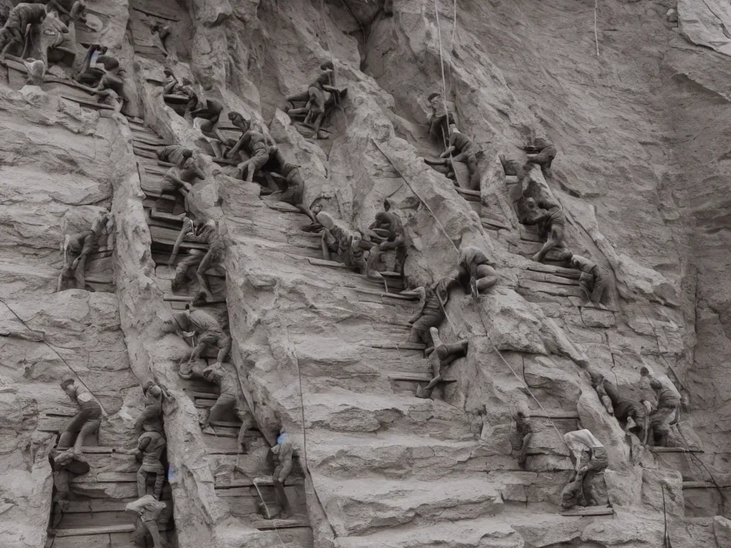 Prompt: miniature men of gray clay climbing on huge wooden stairs
