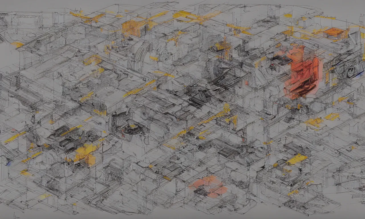 Image similar to annotated highly - detailed and intricate 4 5 degree isometric cross - section of kelsey grammer's head + colored marker concept art style rendering + half blueprint + tetrachromacy + john berkey + vincent di fate + ralph mcquarrie + center frame : : annotations : : crane : : - 1