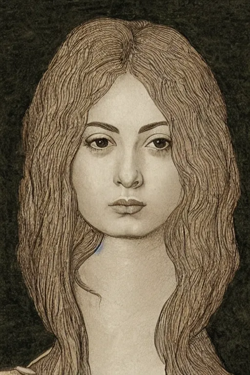 Image similar to a portrait of charli xcx in the style of leonardo da vinci drawing,, single head, no double head,