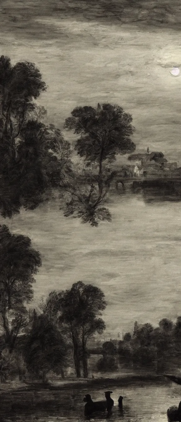 Image similar to a black and white cat floating over a river at dusk, low exposure, painting by john constable, pieter brueghel, dynamic lighting, beautiful render,