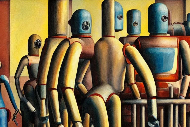 Image similar to drab slave human workers building robots, watched by fascist robots, brutalist factory, dystopian, pj crook, edward hopper, oil on canvas