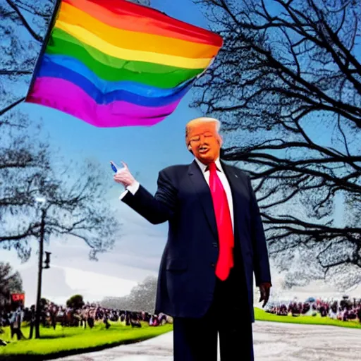 Image similar to donald trump holding up a gay pride flag