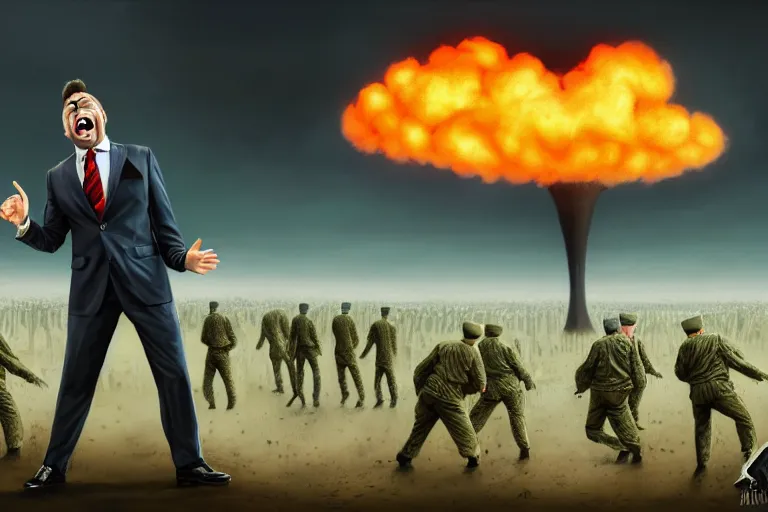 Prompt: a Comedian in suit and tie performing in a battle field with smiling dead bodies on the ground, comedian is funny, performing to dead soldiers, nuclear bomb mushroom cloud in far horizon, apocalypse, trending on artstation, artstationHD, hyperdetailed matte painting, highly detailed, digital painting, hyper-realistic, realistic, photorealistic