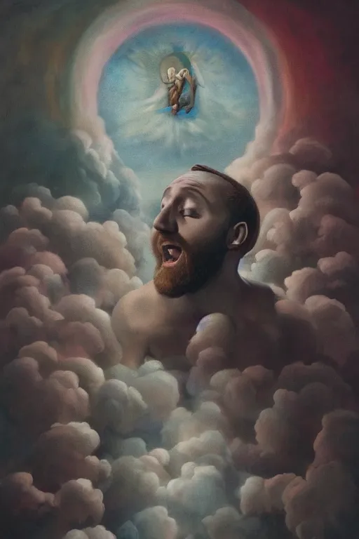 Prompt: The last portrait of Mac Miller, Heavenly, Hellish, Divinity, Hope, Ethereal, Renaissance Painting, Symmetry, God and the Devil on my shoulders, Atmospheric Lighting, artstation trending, good versus evil, ladders, angelic, the divine feminine, drama masks, Pittsburg, Blue Slide Park, Most Dope, environment concept, Rendered in Octane, trending on artstation, cgsociety, moody lighting rendered by octane engine, environment 8K artstation, cinematic lighting, intricate details, 4k detail post processing, hyperealistic, octane render, photo realism