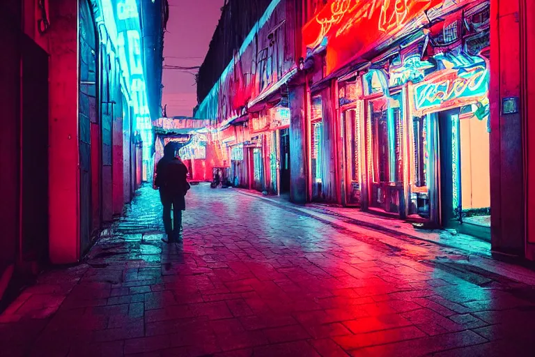 Image similar to a saint - petersburg city street filled with lots of neon signs, cyberpunk art by liam wong, pinterest, shin hanga, anime aesthetic, streetscape, photo taken with ektachrome