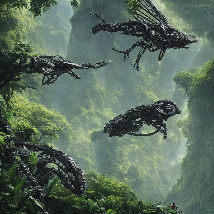 Image similar to hyperrealistic matte painting of futuristic robot quetzalcoatl, flying above the jungle by eddie mendoza, beeple, 4 k, trending on cgsociety