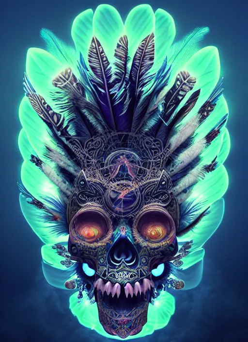 Image similar to 3 d shaman with tattoos profile portrait, sigma 5 0 0 mm f / 5. beautiful intricate highly detailed quetzalcoatl skull and feathers. bioluminescent, plasma, frost, water, wind, creature, gradient background, thunderstorm! artwork by tooth wu and wlop and beeple and greg rutkowski, 8 k trending on artstation,