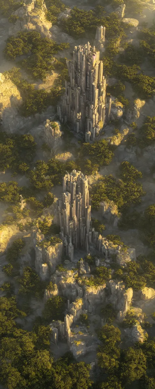 Image similar to single tower, golden babylon tower, beight stone, sacred ancient architecture, hanging gardens, cascading highrise, arid mountains with lush palm forest, sunlight, post - production, octane, cgi, sfx