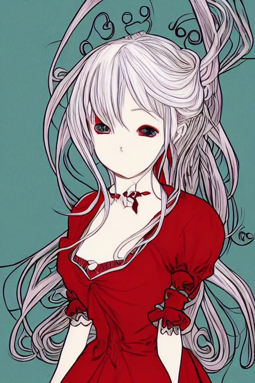 Image similar to Anime girl with chin length white hair, wearing red gothic lolita clothing, trending on Instagram, digital drawing, colored manga panel, art by Alphonse Mucha