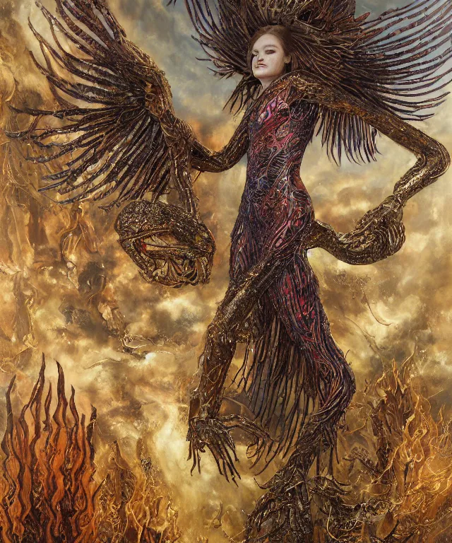 Prompt: a portrait photograph of sadie sink as a strong alien harpy queen with amphibian skin. she is dressed in a fiery lace shiny metal slimy organic membrane catsuit and transforming into a snake eagle. by donato giancola, walton ford, ernst haeckel, peter mohrbacher, hr giger. 8 k, cgsociety, fashion editorial