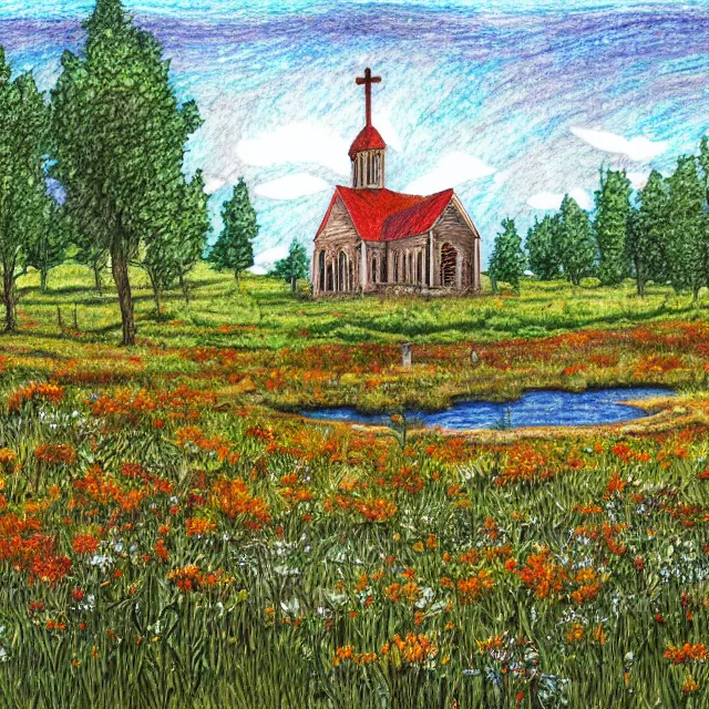 Image similar to abandoned church in a forest flower meadow with a pond landscape, colored pencil drawing