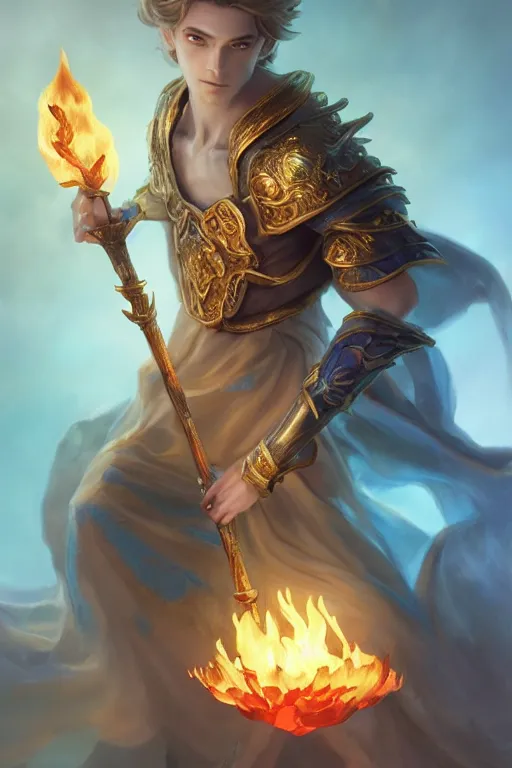 Image similar to legendary fairy prince hold flame staff, blue energy, highly detailed, d & d, fantasy, highly detailed, digital painting, trending on artstation, concept art, sharp focus, illustration, global illumination, ray tracing, realistic shaded, art by artgerm and greg rutkowski and fuji choko and viktoria gavrilenko and hoang lap