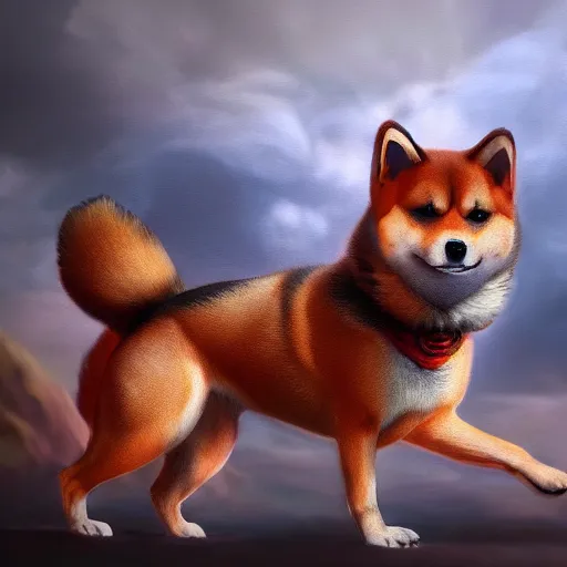 Image similar to an oil painting of a shiba inu with demon wings, hd, hdr, ue 5, ue 6, unreal engine 5, cinematic 4 k wallpaper, 8 k, ultra detailed, high resolution, artstation, award winning