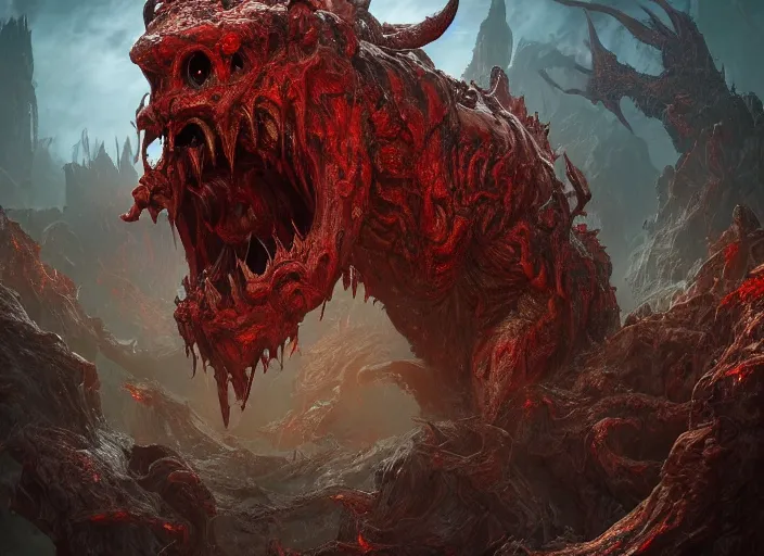 Image similar to devil monster from doom on a humongous hell biome, fantasy, hyper realism, wet reflections, intricate, digital art, detailed, studio shot, unreal engine 5, octane, high definition, smooth, artstation, behance