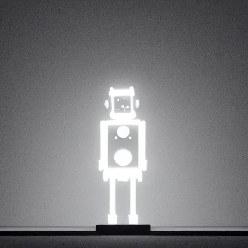 Prompt: a glowing robot replacing a defective lightbulb, on a step stool. dark room.