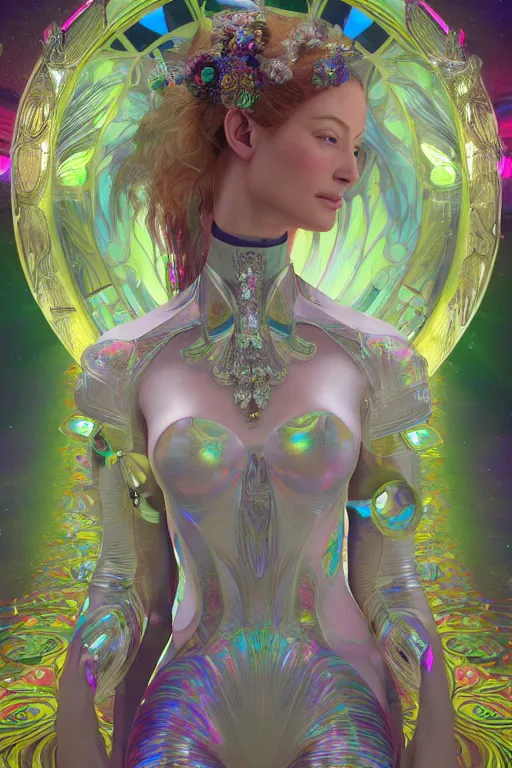 Prompt: a very beautiful highly detailed hyperrealistic 8 k render of carolyn murphy as a dark alien techno matrix fairy goddess in alphonse mucha style gustav klimt rainbow iridescent shining trending on artstation made in unreal engine 4