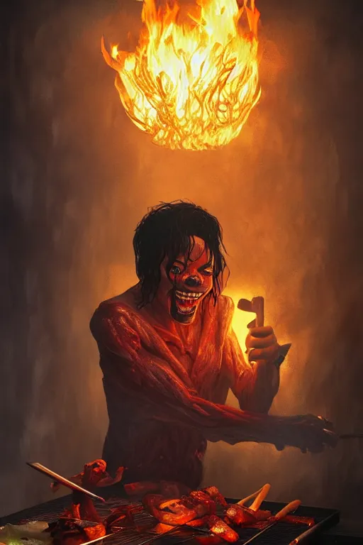 Prompt: michael jackson cooking a bbq as a demon in hell, anatomy, bathed in light, highly detailed, photorealistic, artstation, smooth, sharp focus, illustration, unreal engine 5, 8 k, art by artgerm and greg rutkowski and edgar maxence