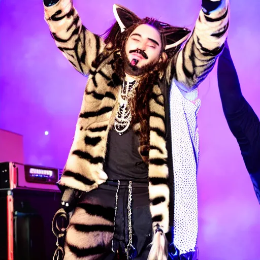 Image similar to post Malone dressing up as a cat girl, photograph on stage