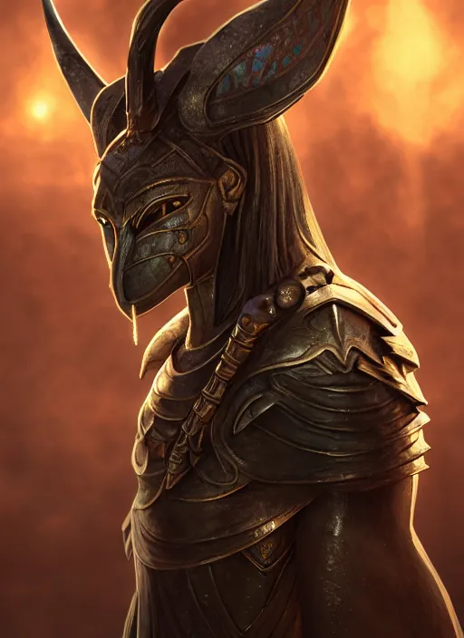 Image similar to anubis, ultra detailed fantasy, elden ring, realistic, dnd character portrait, full body, dnd, rpg, lotr game design fanart by concept art, behance hd, artstation, deviantart, global illumination radiating a glowing aura global illumination ray tracing hdr render in unreal engine 5