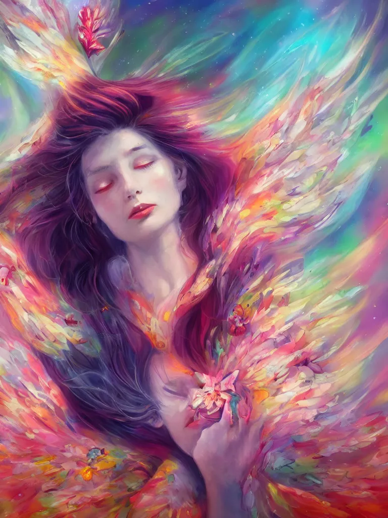 Image similar to a colorful and provenance portrait painting of angel with her hugeflowers wings spread out gracefully, highly saturated colors, teardrop eyes open, highly detailed, hair made of hair made of air wind and curling smoke, mist, dust, genie, flowers, flower, spirit fantasy concept art, art by charlie bowater and aenami, trending on artstation.