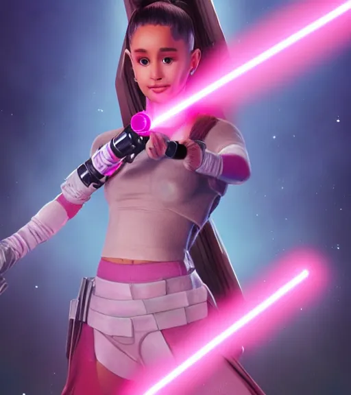 Prompt: A hyper realistic photo of Ariana Grande in the Star Wars universe with two pink lightsabers held in each hand, action pose. Maximum detail on artstation, photo realism, vivd details, vivd colour