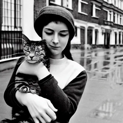 Prompt: A photograph of a Young Woman holding her cat while avoiding the rain on the streets of London, award winning photograph, realistic, detailed, 1960’s cinematic