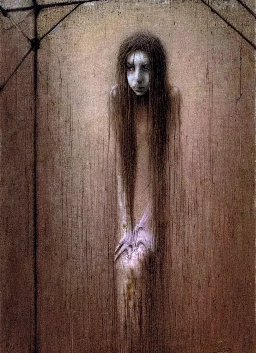 Image similar to dirty pale girl in rags inside cage by Beksinski