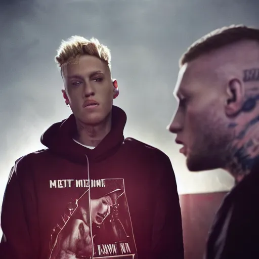 Prompt: eminem killing mgk, realistic 8 k professional photography, midday lighting, defiant, octane, volumetric lighting, 7 0 mm,