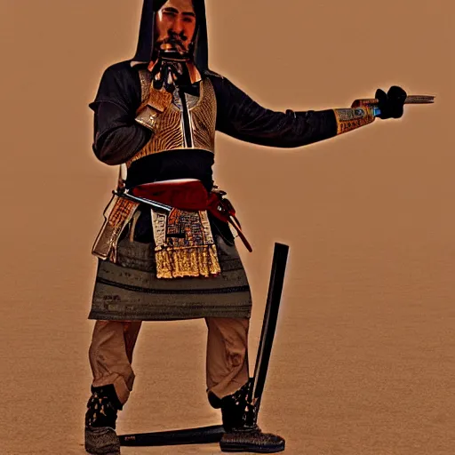 Prompt: egyptian samurai with katana, standing in desert