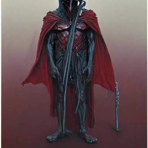 Prompt: The faceless god of chaos in a hood with a scarlet scythe dark fantasy, intricate, smooth, artstation, painted by Wayne Barlowe, zdislav beksinski