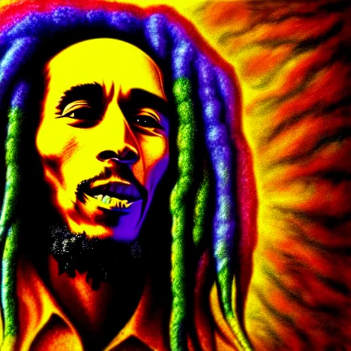 Prompt: an extremely psychedelic portrait of bob marley, surreal, lsd, face, detailed, intricate, elegant, lithe, highly detailed, digital painting, artstation, concept art, smooth, sharp focus, illustration