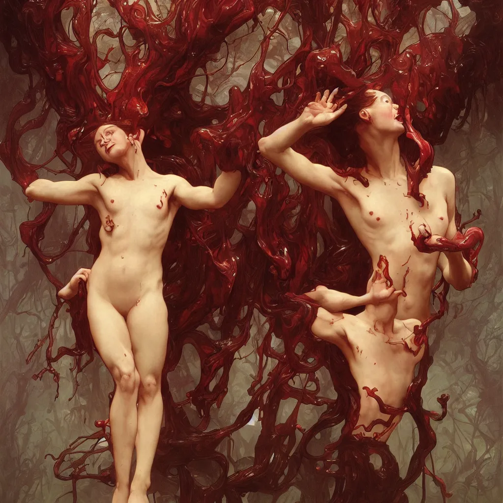 Image similar to grotesque veiny glossy wet gory nightmare fungus demon god. uhd, amazing depth, cinematic lighting, levitating floating fungus god with arms outstretched. by artgerm and greg rutkowski and alphonse mucha and william - adolphe bouguereau.