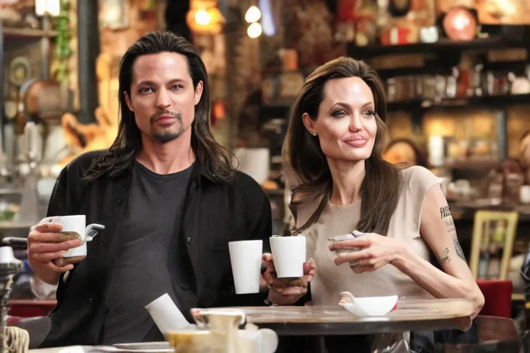 Prompt: Angelina Jolie and The Predator alien, best friends, drinking coffee at central perk, still photo, hyperrealistic, 35mm, 8k, by weta digital