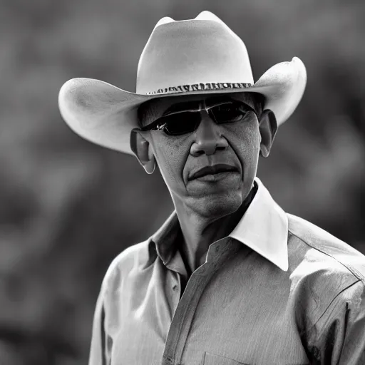 Image similar to Obama as a Cowboy, epic quality, sharp focus, western, movie still, 8k, yellow tint, dramatic,