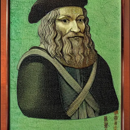 Prompt: portrait of leonardo da vinci in simple green background in the style of japanese cartoon and japanese wood print