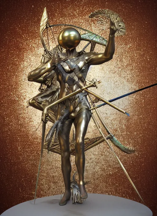 Image similar to An epic fantastic realism comic book style painting of a bronze archery sculpture from the future by Stanislaw Szukalski, gilded colorful marbled paper background, winged archer, perfect shiny iridescent silver spheres, fisheye lens, unreal 5, DAZ, hyperrealistic, octane render, dynamic lighting