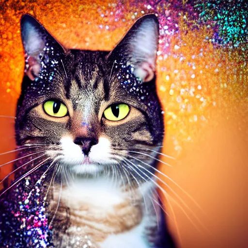 Prompt: a high - quality photo of a cat in a cloud of falling glitter, duochrome, hyperdetailed, f 1. 4, iso 2 0 0, sharpened, realistic eyes