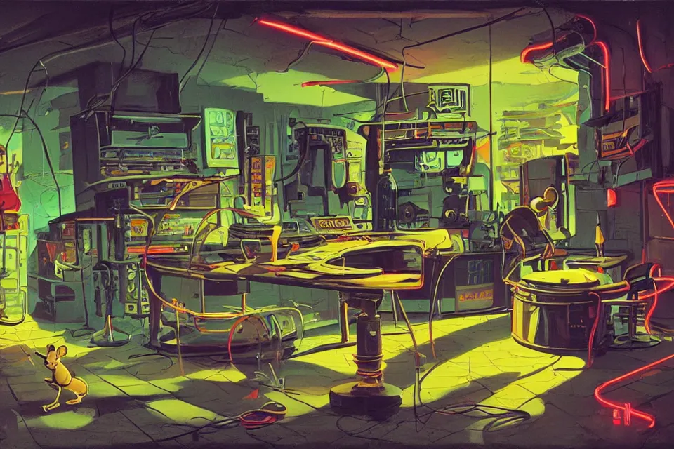 Prompt: mouse in a neon basement, by john kricfalusi and syd mead